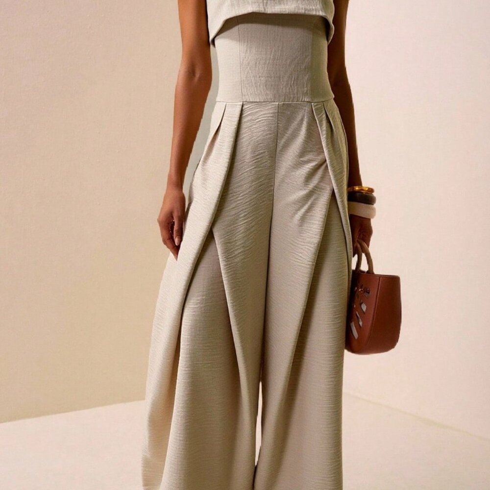 Khaki Casual Women's Halter Wide Leg Jumpsuit - Picture 3 of 7